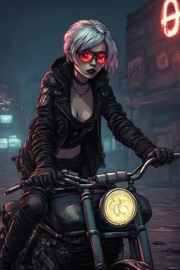 vampire girl with short cropped cyberpunk hair riding a cafe racer motorcycle in a post apocalyptic city at night