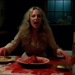 Spooky, 4k, photorealism, movie shot, horror splatter, ultra realistic distress, dining, table, ultra realistic hot woman, pieces of meat, organic palen ail dynamic, anguish, excited and lively scene, hypermaximalist figures, stb, Creepy the Ring Alfred Hitchcock, Sam Raimi, insanely detailed, sinister, John Carpenter, Dario Argento, ornate