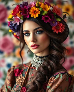 supermodel beauty make up, adorned hat with colorful flowers ,luxurious dress colorfull bohemian, background floristry, diamond dust, fluff, bokeh, filigree, ornate,photography, high resolution, high details,photoshoot shoot Lensbaby Velvet 56mm, f1.6, Sony A7IV