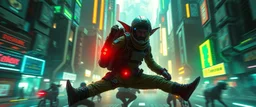 cyberpunk space city, A space elf cowboy biker astronaut with rocket backpack named Dave started doing the splits, Blew a fuse in his hips and short-circuited his bits, The Martian fluffy gremlins went wild, the Plutonians dogs screamed, Even black-and-white aliens turned ultraviolet green! in the style of fallout 4 and HR Giger, background motion blur , and volume fog spot lights