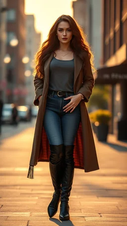 Create an ultra-realistic cinematic 8K fullbody of lady mode skin texture, add makeup,pretty boots,curvy long hair. Style: fashion editorial, confident standing pose. Lighting: warm golden hour sunlight, soft rim light. Background: softly blurred urban bokeh. Camera look: shallow depth of field, film grain, cinematic color grade. Outfit: keep similar to the original or elevate slightly with premium casual style.