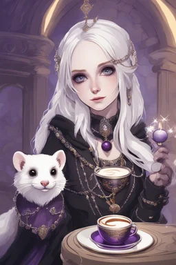 (anthropomorphic white ferret girl),dressed in ((cleric fantasy)) black and purple clothes with silver holy ornaments, realistic anatomy, fantasy tavern on background, mage and holy symbols around, serious face, hold cup of coffe, tired, pencne