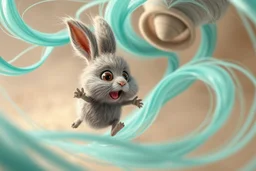 cute dust bunny fizzgig character being swept into a magical wind vortex, fluffy gray detailed fur texture, dirty, oversized expressive eyes, open mouth panic afraid expression, dynamic diagonal motion pose, limbs reaching forward, body tilted in perspective, sense of speed and motion, flowing translucent teal and aqua wind ribbons, spiraling air currents forming a curved arc, soft tornado funnel in the top corner, painterly semi-transparent wind, 3d puppet