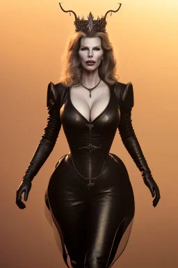 Kim Basinger as evil queen in black leather, busty, cleavage, curvy, angry, happy, stern look. character design by cory loftis, fenghua zhong, ryohei hase, ismail inceoglu and ruan jia. unreal engine 5, artistic lighting, highly detailed, photorealistic, fantasy