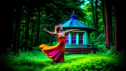 slim nymph dancing in a woodland clearing, with a woodland house behind her. vibrant colour