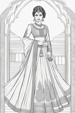 coloring page for adults of fashion model wearing hindi dress, thick and clear lines hair, full body portrait, style clean coloring page for adults, cartoon style, clean line art high detailed, white background, coloring book style, 8k, no-shading, thick lines hair, no-grayscale, lines hair