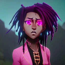 Ekari is a black girl with dreadlock hair sad big neon pink eyes