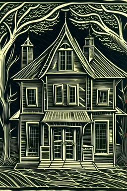 Linocut haunted house