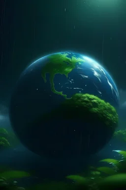 Планета земля, на фоне джунглей во время дождя, анимационный стиль, 4k