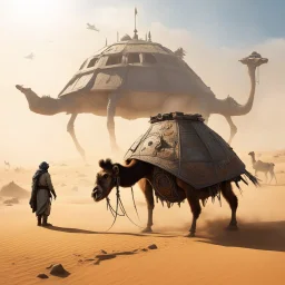 A post-apocalyptic world where a Tortuga made of spacecraft carcasses slowly moves in the dust of the desert. A Bedouin with his camel looks up at it, wondering about the stories it holds.