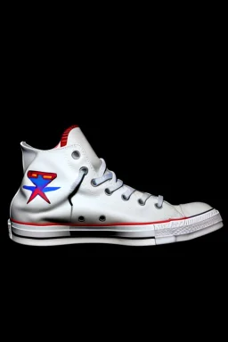 A converse sneaker, covered in a superman theme