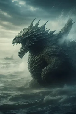 Closeup view of a Kaiju, bearing a striking resemblance to Godzilla, emerging from a tumultuous sea amidst a stormy backdrop, locked in combat with agile fighter jets, amidst a conflagration of fire and explosive effects, ambient lighting, professional composition, infused with a mix of elegance and futuristic aesthetics, ultra-realistic, mystical undertones, sharp focus capturing every water droplet and flame, rational placement of subjects within a cinematic frame, epic atmosphere,