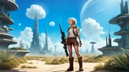 A slender 60-year-old woman, in brown shorts, a shirt and boots, one hand on her hip, the other holding a futuristic gun, standing in a deserted, empty fantasy city, with small clumps of strange plants and trees, blue sky with small white clouds.