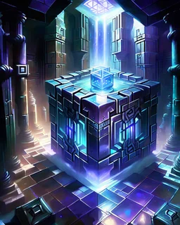 Atlantis palace dungeon room dungeon with a chrome cube floating over it painterly sci fi fantasy art