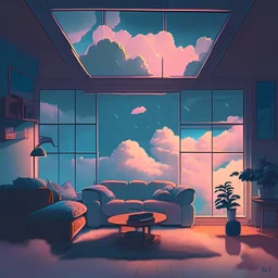 illustration from inside a livingroom in the sky surrounded by clouds in a lofi aestethic style and ambient lighting