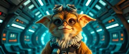 portrait of bad ass fluffy captain pilot focus gremlin, in sci fi air ship waiting hall, in future dynasty