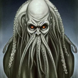 Cthulhu with white skin and a beard made of fleshy tentacles as a Russian Orthodox nosferatu with yellow eyes and vampire fangs and spines in the side of the nose