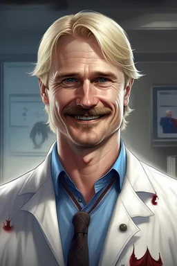 Mid-thirties, Caucasian male doctor, kind smile, blonde hair (slightly disheveled) thick blonde mustache, pale blue eyes, broad shoulders, muscular, six foot, Hawaiian shirt under white lab coat (with blood stains around the edges) , Strong Jaw line, encroaching shadowy tendrils, photo realistic, fantasy