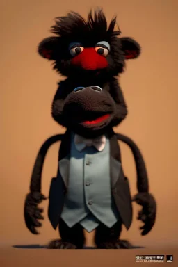 Waist up muppet Portrait, Kim Jong-un muppet doll, black suit, photo studio, red background, unreal engine 5, concept art, art station, ray tracing, lumen lighting, ultra detail, volumetric lighting, 3d.