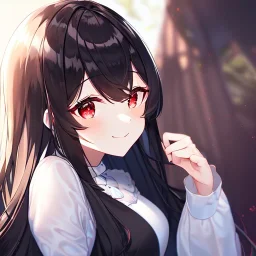 Clear focus, high resolution, black long fluffy hair, red eyes, wearing a cute outfit, kawaii