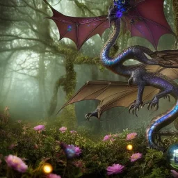 closeup of stunning, cute baby dragon with iridescent wings and glittery scales in forest with globes of light, flowers, 8k resolution, 3D octane render, intricate, sharp, crisp, digital art, detailed matte, volumetric lighting George Grie, Anne Dittman, Anne Stokes, Lisa Parker, Selina French, greg rutowski