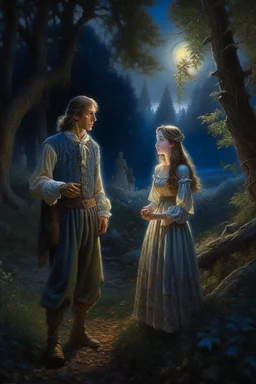 A prince and a village girl secretly meet by the moonlight in an oil painting forest Photorealistic