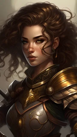 Fae warrior, Mahogany hair,big voluminous curls,two braided braids on the right,Dark brown eyes flecked with gold, right eyebrow with scar, beautiful, captivating face,black leather armor, two short swords, total body size