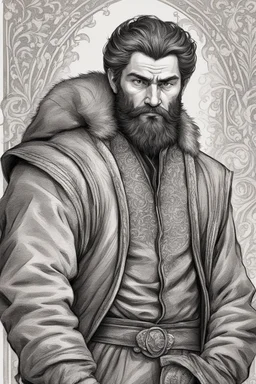 man, medieval, fighter, russian, croocked nose, czar, rich, simple clothes, short messy hair, thick beard, oligarch, leather coat with fur, brocade clothes, pencil drawing, black or red hair, muscles, background frame, 28 years old