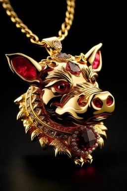 A pendant for a necklace, big Pumbaa from the lion king in gold with diamonds and big tusks with eyes made of ruby