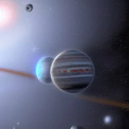 cold planet orbits around a red star with starships around it