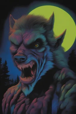 in the dead of night the bright moon shines down on a giant, extremely colorful werewolf facial portrait, acrylic on canvas, florescent black light poster, in the art style of Boris Vallejo,