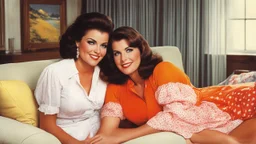 mother and daughter [art by Russ Meyer] Anna is a beautiful woman of 36 years old, youthful Sarah Jane is her beautiful stepdaughter of 20 years old. they are in their living room, happy on the sofa