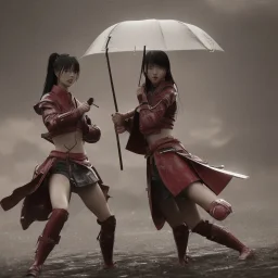 2 samurai girls fight in rain