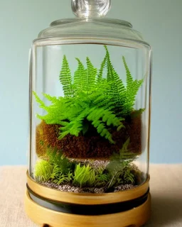 fern terrarium in a bell jar, symmetrical, warm colors, warm lighting, linen backdrop