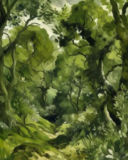 An olive green forest filled with insects painted by Paul Cezanne