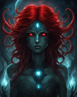 dark fantasy, bioluminescent goddess, ominous atmosphere, sparkles, red eyes, world of wonders scenario, red hair, eldritch, red eyes, horror