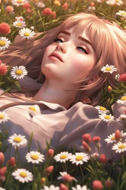 8k quality realistic image of a beautiful anime girl, laying in a meadow of flowers, up close, 3d