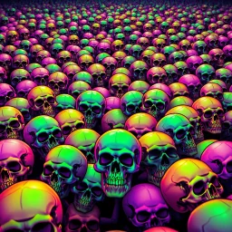 a field of 1000s of cartoonish, anatomically correct, skulls, vivid RANDOM BRIGHT neon colors, dark comedy, well lit, high detail, photorealistic, horrorcore, fun, scary, dead