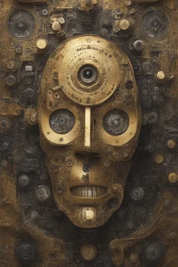 A mechanical click gears in the shape of humane Al Face with golden texture reflecting a dim light Dali style , Busch painting style with computer motherboard filled with chips and electronic components in the background .with to cameras lenses as Eyes