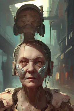 cyberpunk saggy granny woman, abandoned sci-fi town, future, sci-fi