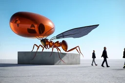 3D representation of architectural wonder, with a concrete design and matte reddish glass that contrasts with the light blue sky, emphasizing organic movement. Its design represents an ant with a bulbous tail and membrane wings with solar panels, its tail is made of concrete and glass. It stands out from pedestrians, creating a sense of scale. In open space, its use is a public place and as a great viewpoint in the mountains Combination of practicality and artistic expression in architecture