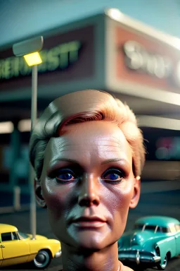 Ultra Realistic retro sci-fi, Supermarket parking scene, 1960 year, blonde woman, sweet young Juliane moore face, x ray lights eyes, face makeup, tight latex coat, levitating cars, many panic people, Retro sci-fi style, soft color, highly detailed, unreal engine 5, ray tracing, RTX, lumen lighting, ultra detail, volumetric lighting, 3d, finely drawn, high definition, high resolution.