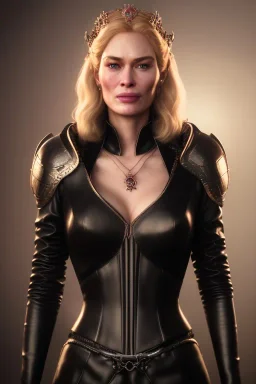 Cersei Lannister as evil queen in black leather, busty, cleavage, lena headay, angry, rage, stern look. character design by cory loftis, fenghua zhong, ryohei hase, ismail inceoglu and ruan jia. unreal engine 5, artistic lighting, highly detailed, photorealistic, fantasy