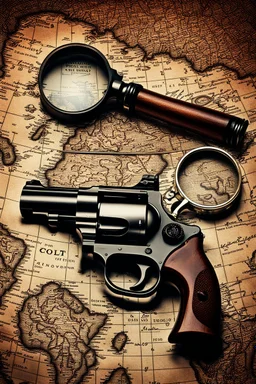 Colt 45 revolver laying on an old map next to a magnifying glass, hyper realistic