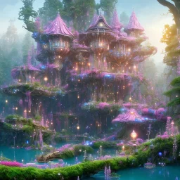 a magical flower wriggling peas house in the woods, pink vertical, blue lake,sharp, vines, candlelit, endor, ornate, elegant, highly detailed, artstation, concept art, smooth, sharp focus, illustration, 8k, splash art, wallpaper, key visual