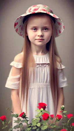 A little girl from Russia at the age of 7 years holds a lot of roses and puts them on her face, and she wears a white Bucket Hat, she puts the roses in front of her face, so her face does not appear, so her face does not appear,(Many Flowers: 1.2), Soft Light, Golden Hour, Upper Body, HDR, 8k, Natural Skin Texture, AO, Intricate, Highly Detailed, Sharp Focus, Crazy Detail, Intricate Detail, Highly Detailed ,The girl looked down