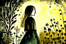 woman in the flowergarden, styles of Paul Klee Dee Nickerson and Tim Burton, melting watercolor and black ink outlines on wet paper, soft, shading strokes, in sunshine, ethereal, otherwordly, cinematic postprocessing, bokeh, dof