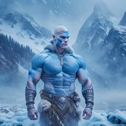 Photoreal muscular bald barbarian with blue body paint in foggy snowy mountains