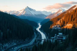 Crea una imagen realista con toques de fantasía medieval que represente la aldea montañosa de Brumalden al amanecer. Muestra un paisaje desde un punto elevado, con imponentes montañas nevadas en el horizonte bajo un cielo despejado con tonos dorados, rosados y azules pálidos. Incluye densos bosques de coníferas en las laderas y un valle serpenteante con un río cristalino reflejando la luz del amanecer. La aldea debe estar al pie de las montañas, con constru