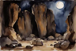 Night, rocks, gothic horror movies influence, mountains, epic, john singer sargent watercolor paintings